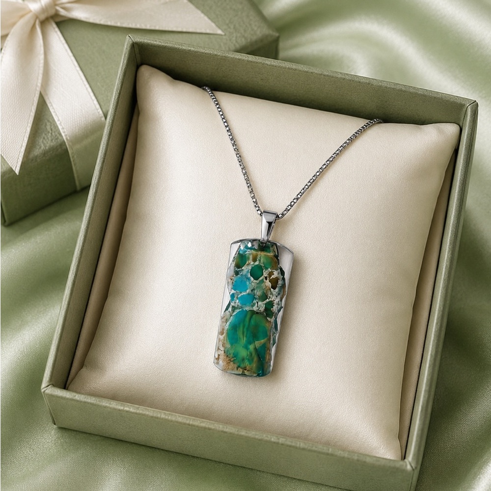 Imperial Jasper Pendant Necklace Stainless Steel Handmade Statement Jewelry